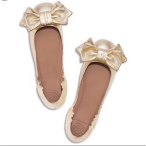 Tory Burch Spark Gold Metallic ‘Divine Bow’ Ballet Driver Driving Flats …